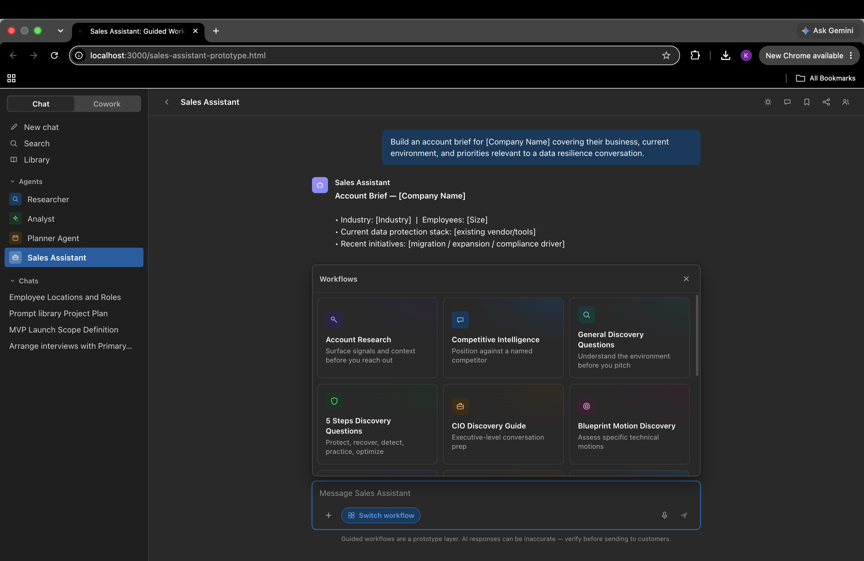 Switch workflow button, without starting a new chat